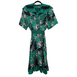 Vintage 80s Diane Freis Green Black Floral Stripe Georgette Midi Dress O/S
